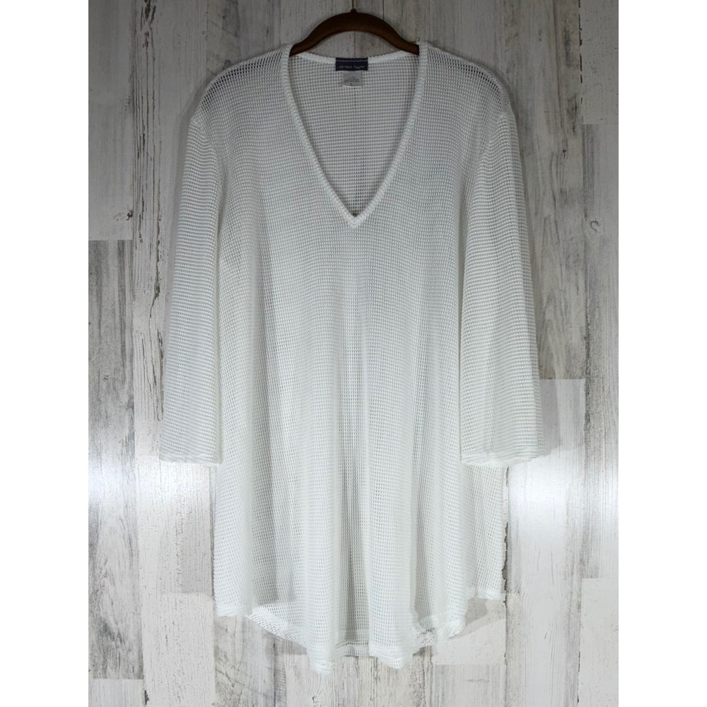 Jordan Taylor Tunic Coverup Size Large Mesh Open Knit V Neck 3/4 Sleeve READ